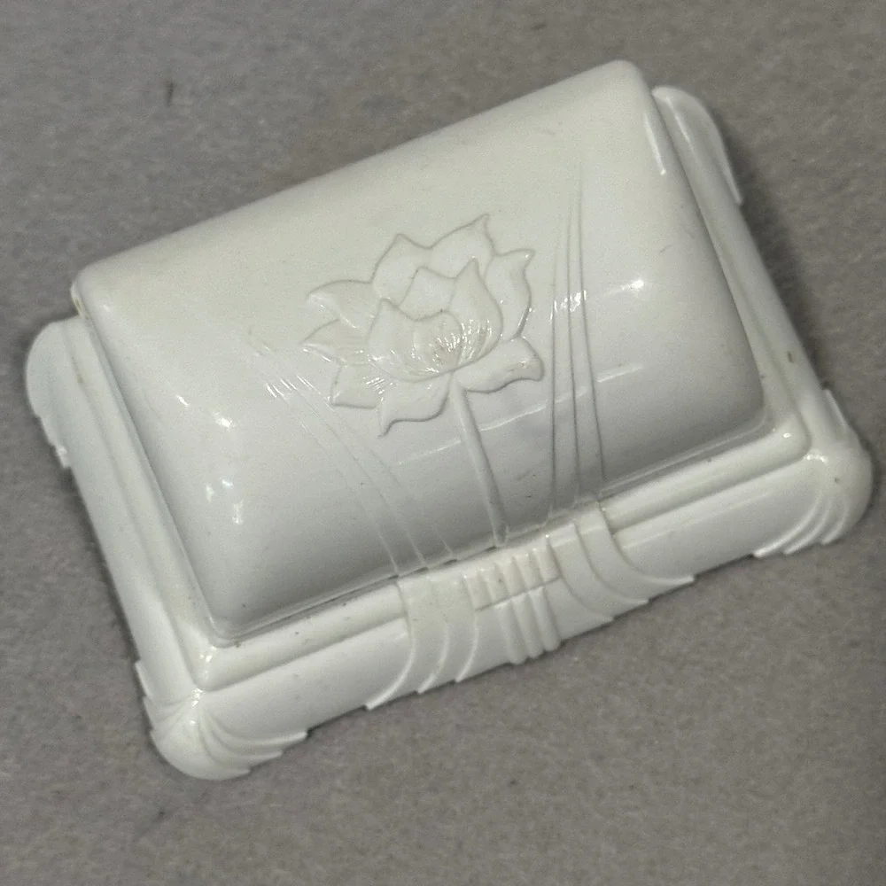 Antique Jewelry Ring Box White Art Deco Lotus Flower Celluloid USA